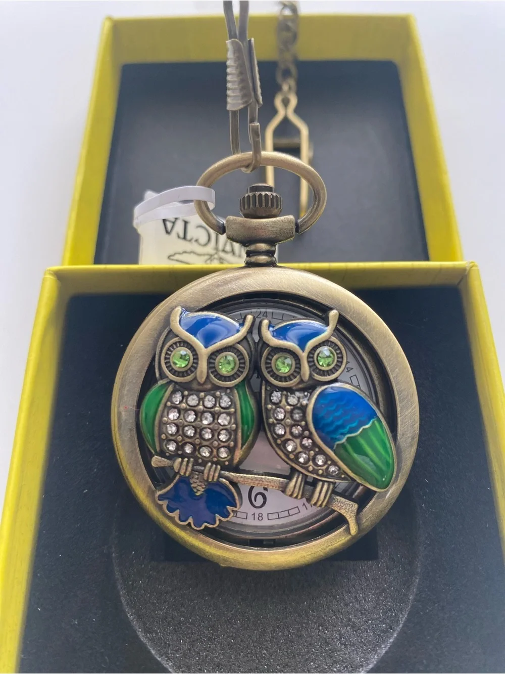 NEW Invicta Vintage Collection Owl Pocket Watch Antique Crystal Enamel Chain